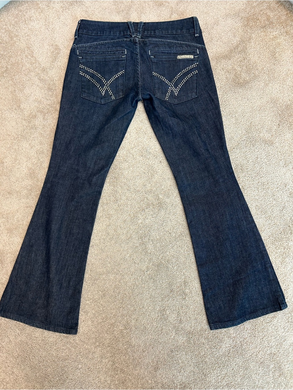 William Rast dark wash Savoy regular rise trouser flare jeans rhinestone pocket